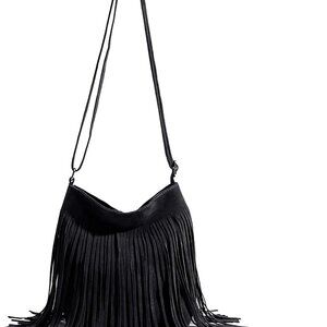 Black boho suede fringe crossbody bag for women, adjustable for festivals & part